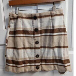 Plaid Button-Up Mini Skirt With Scalloped Hem  E & M  S  Beige & Brown Wool-Blen